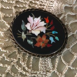 Antique PIETRA Dura Floral Sterling Brooch